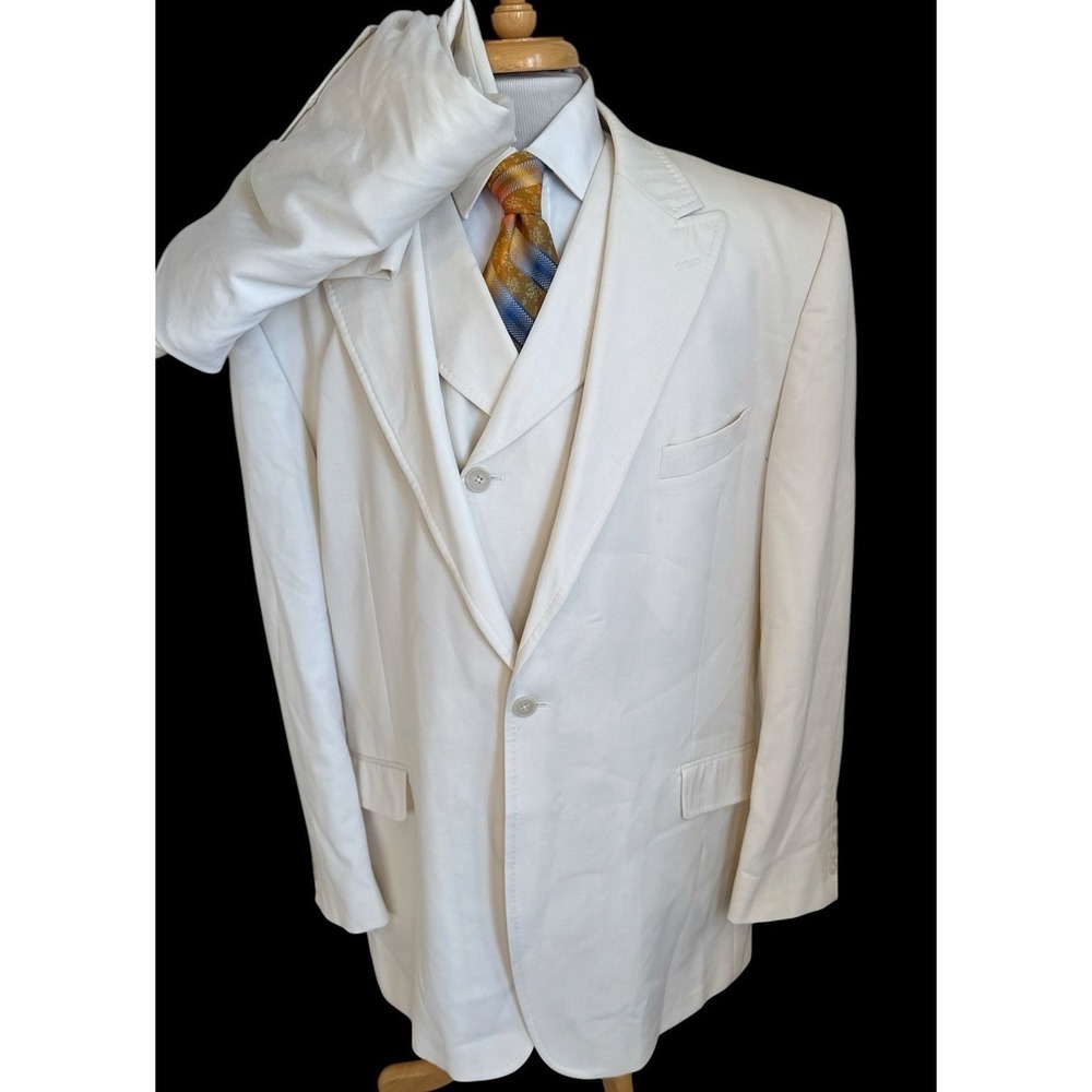 Tiglio Luxe Mens Ivory 3 Piece Suit 50L Pants 44 x 32 Super 150s Wool Italy Made